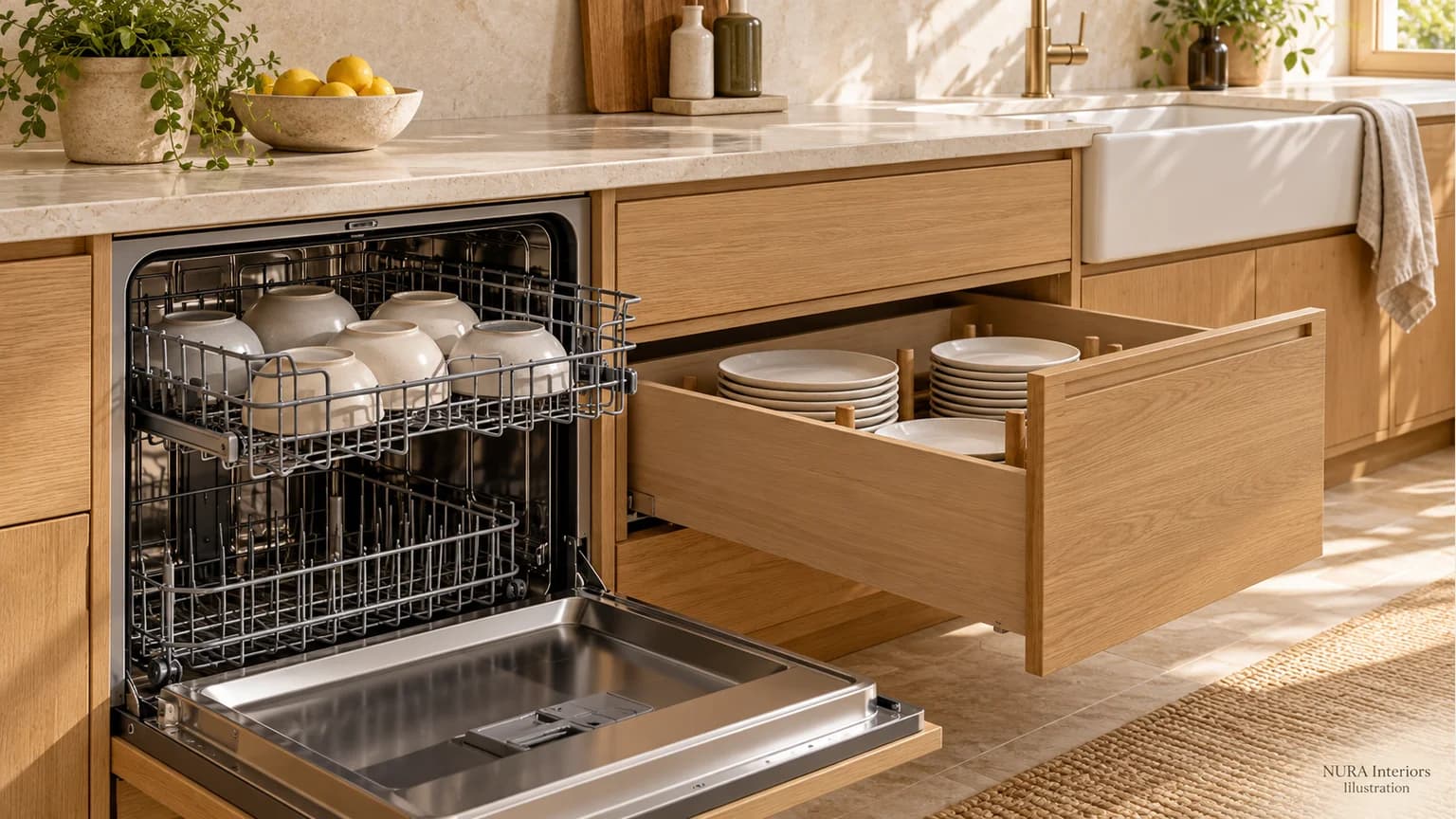 An open dishwasher and an adjacent oak plate drawer illustrate unloading within a cream kitchen