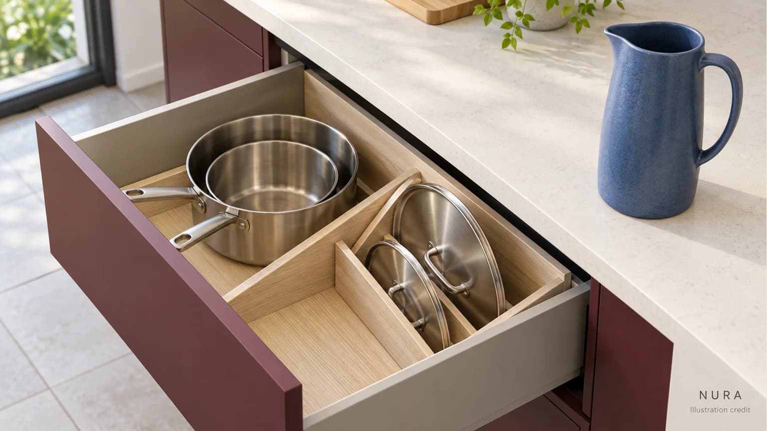 Open pale ash drawer with saucepans and separate lids beside a tall blue jug on the worktop