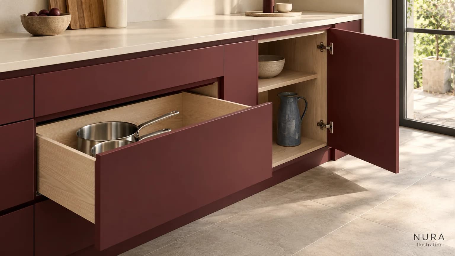 Open burgundy kitchen drawer with saucepans beside a shelved cupboard holding a tall blue jug
