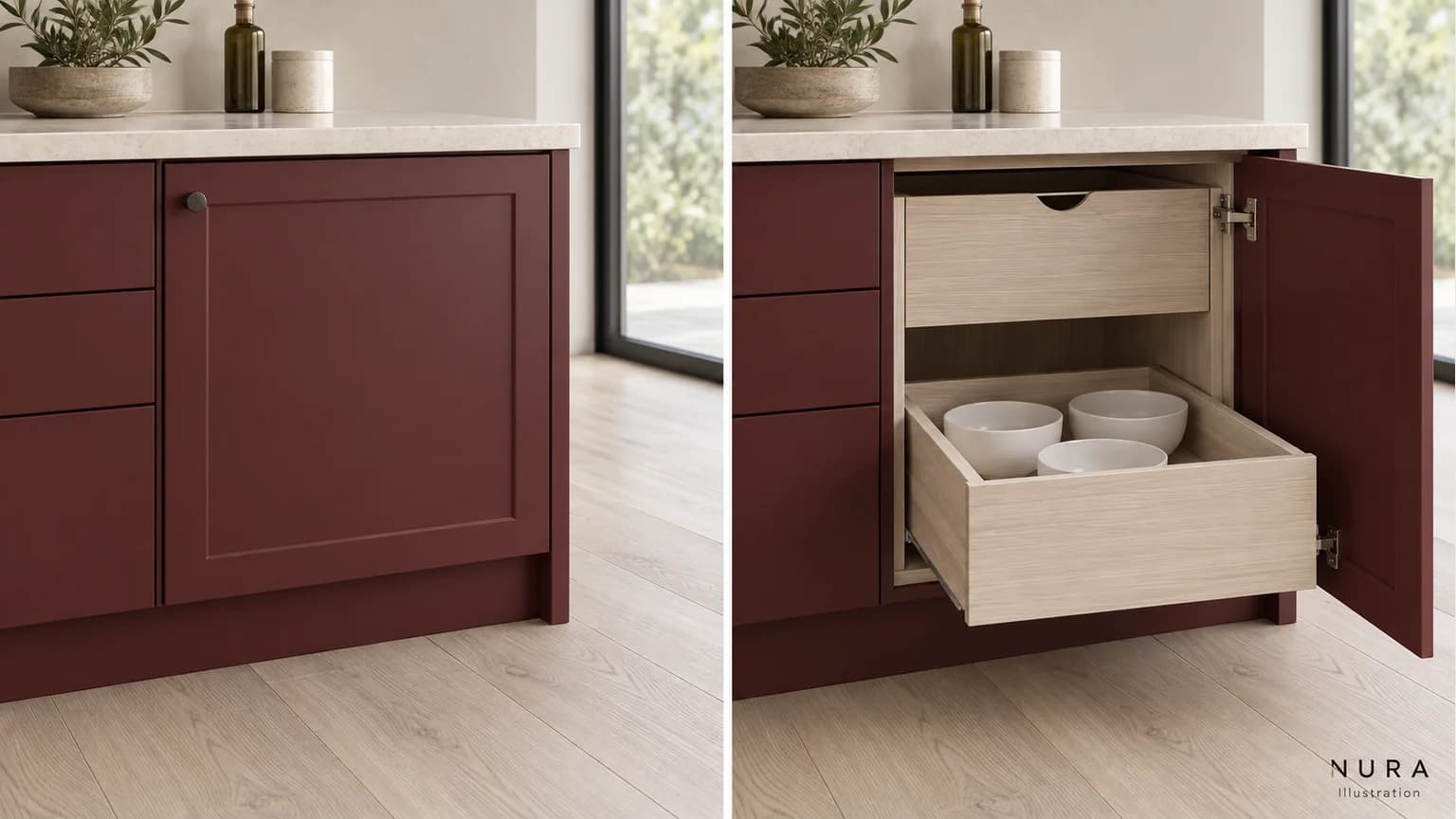 Closed burgundy cupboard door beside an open view of internal drawers with white bowls