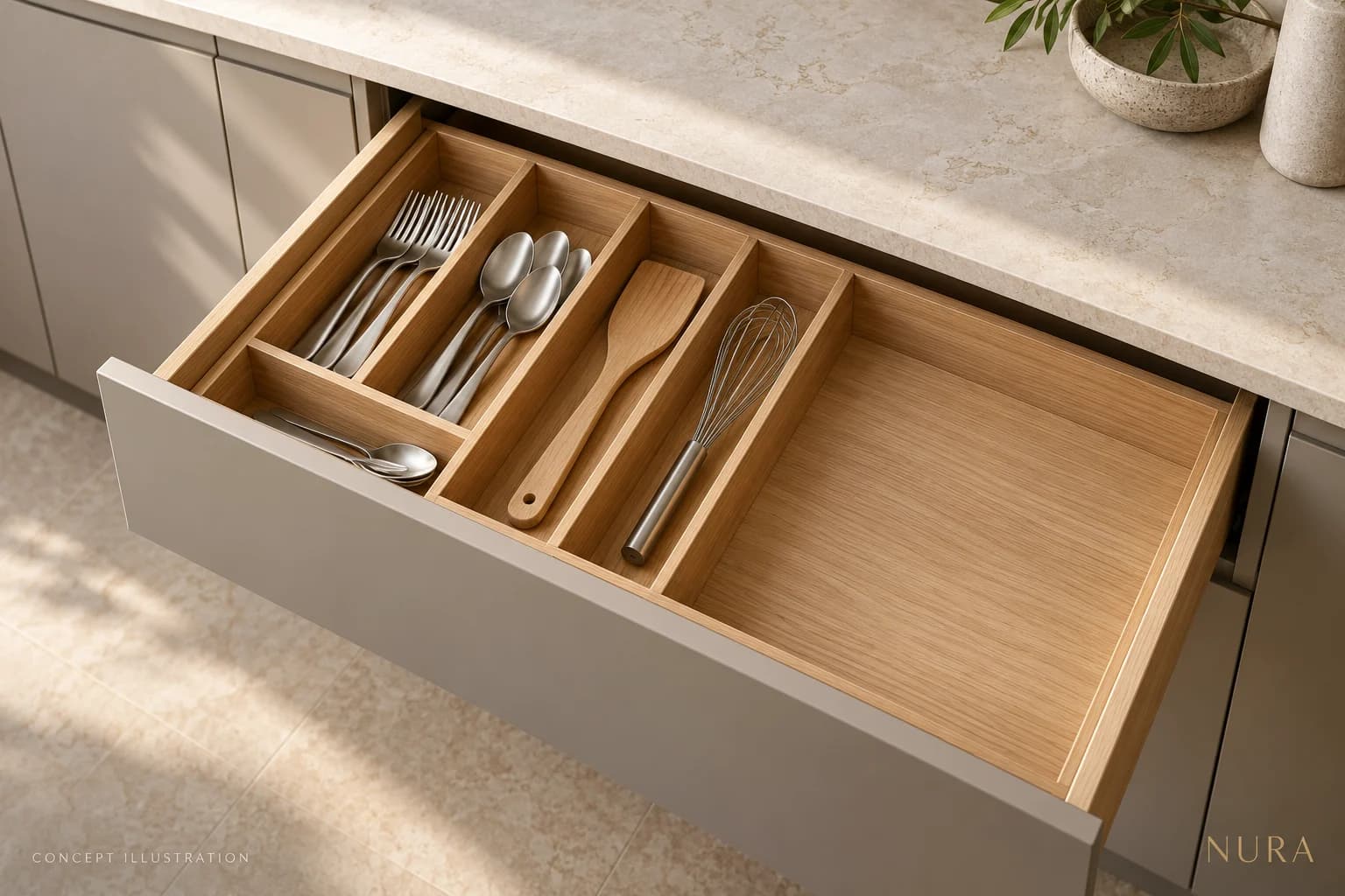 Illustration of an open oak drawer with cutlery, a spatula, a whisk and an empty compartment