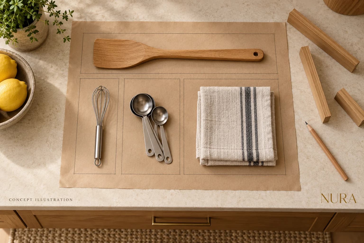 Illustration of utensils and a tea towel arranged on a pencilled paper compartment plan