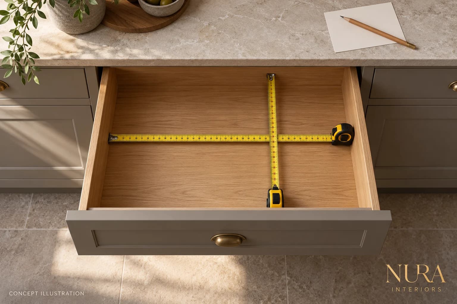 Illustration of measuring tapes across the internal width and depth of an empty oak drawer