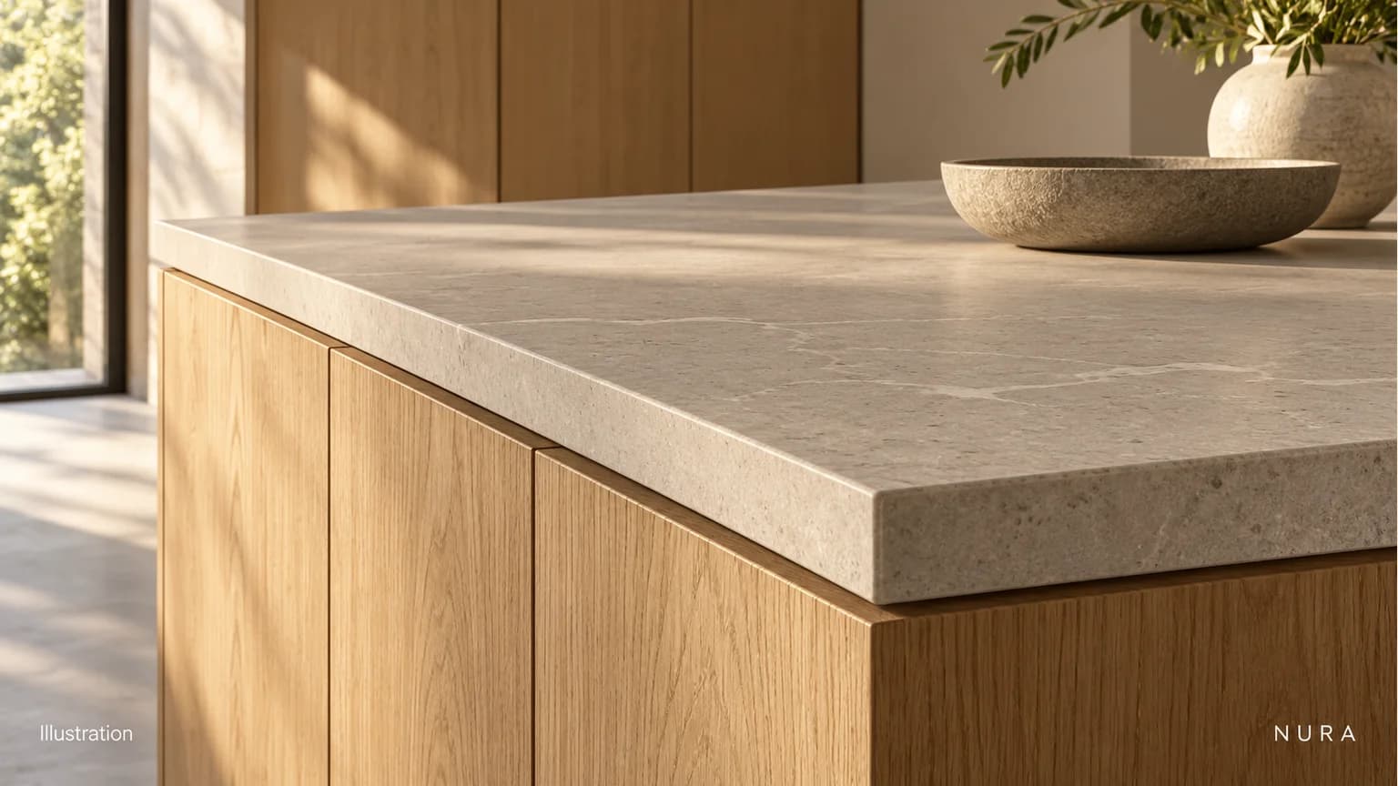 Illustration of a pale worktop edge above oak kitchen cabinet fronts