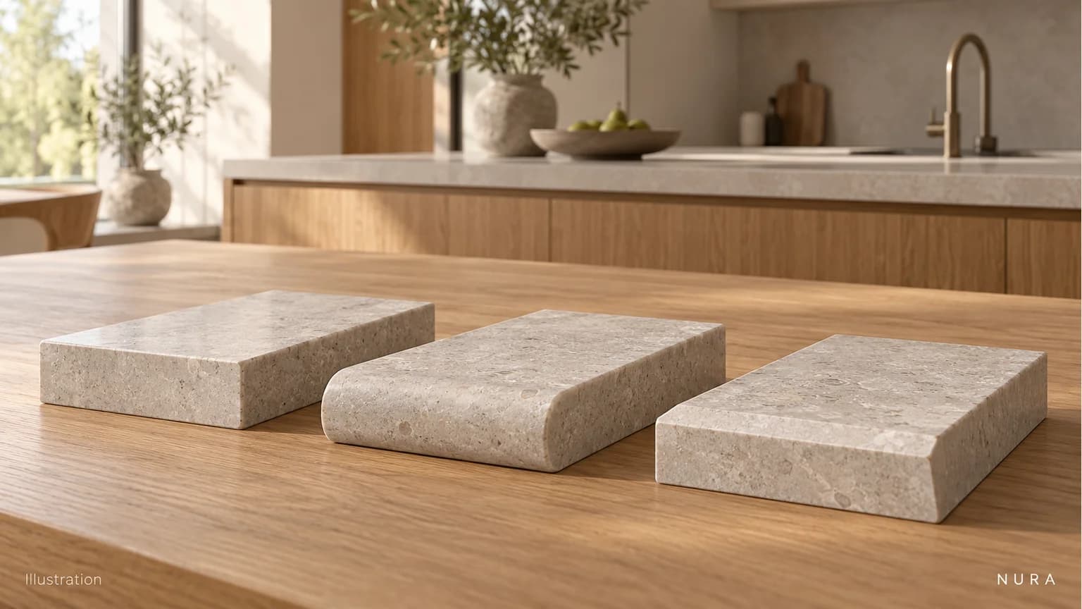Illustration of three pale worktop samples with different front-edge shapes on an oak table