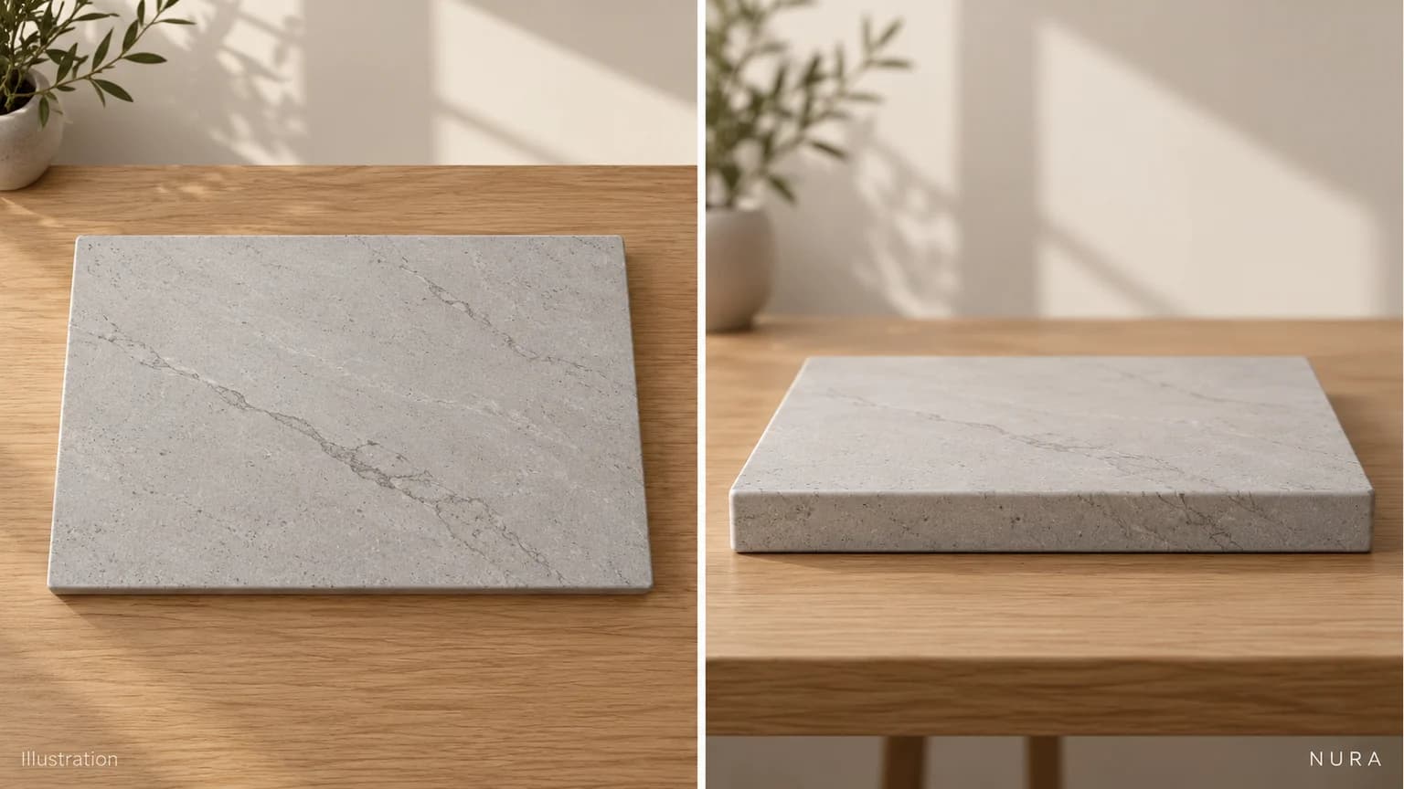 Illustration comparing top and front views of a pale stone worktop sample