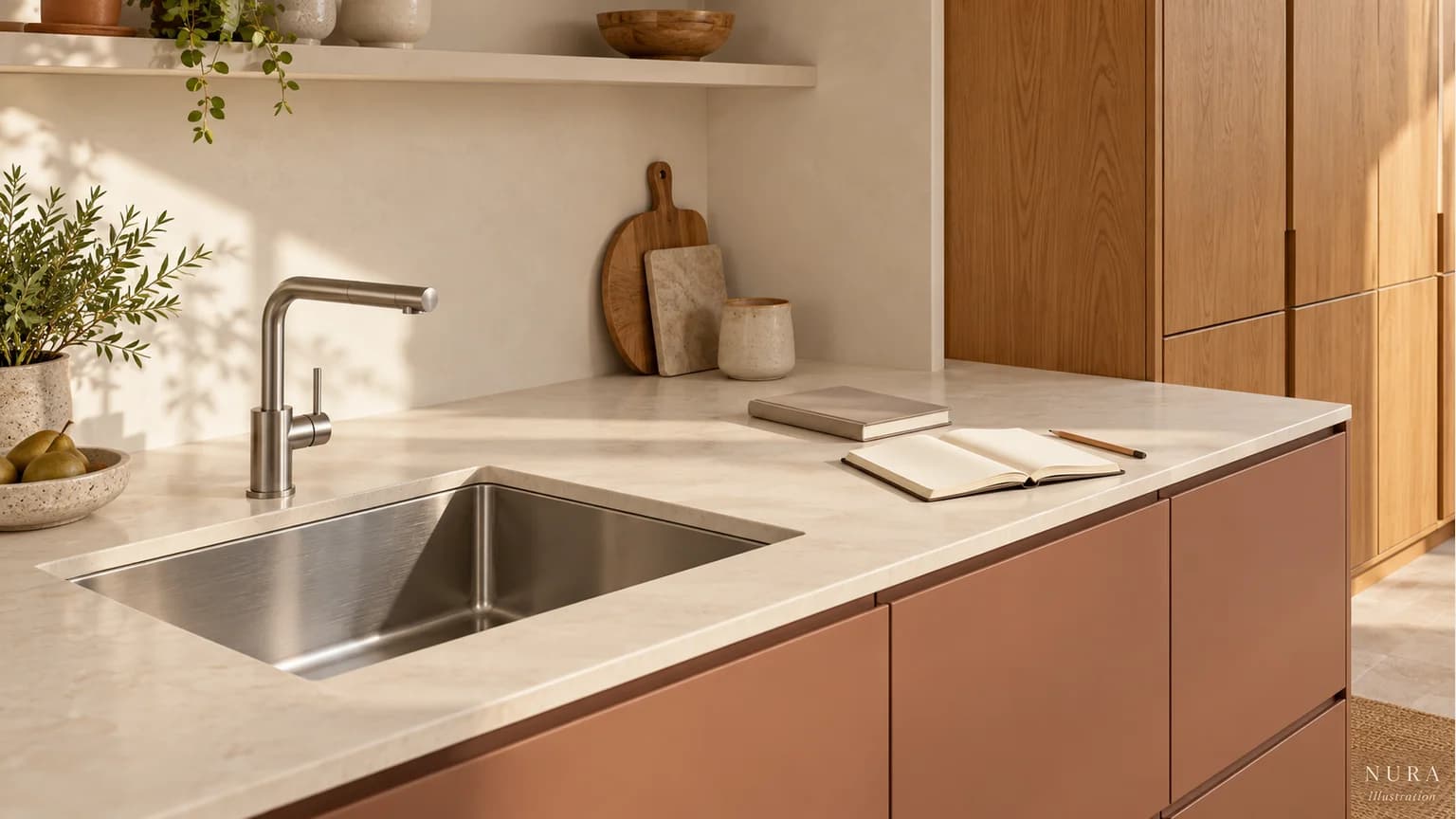 A pale kitchen worktop with a stainless steel sink, tap and open blank planning notebook