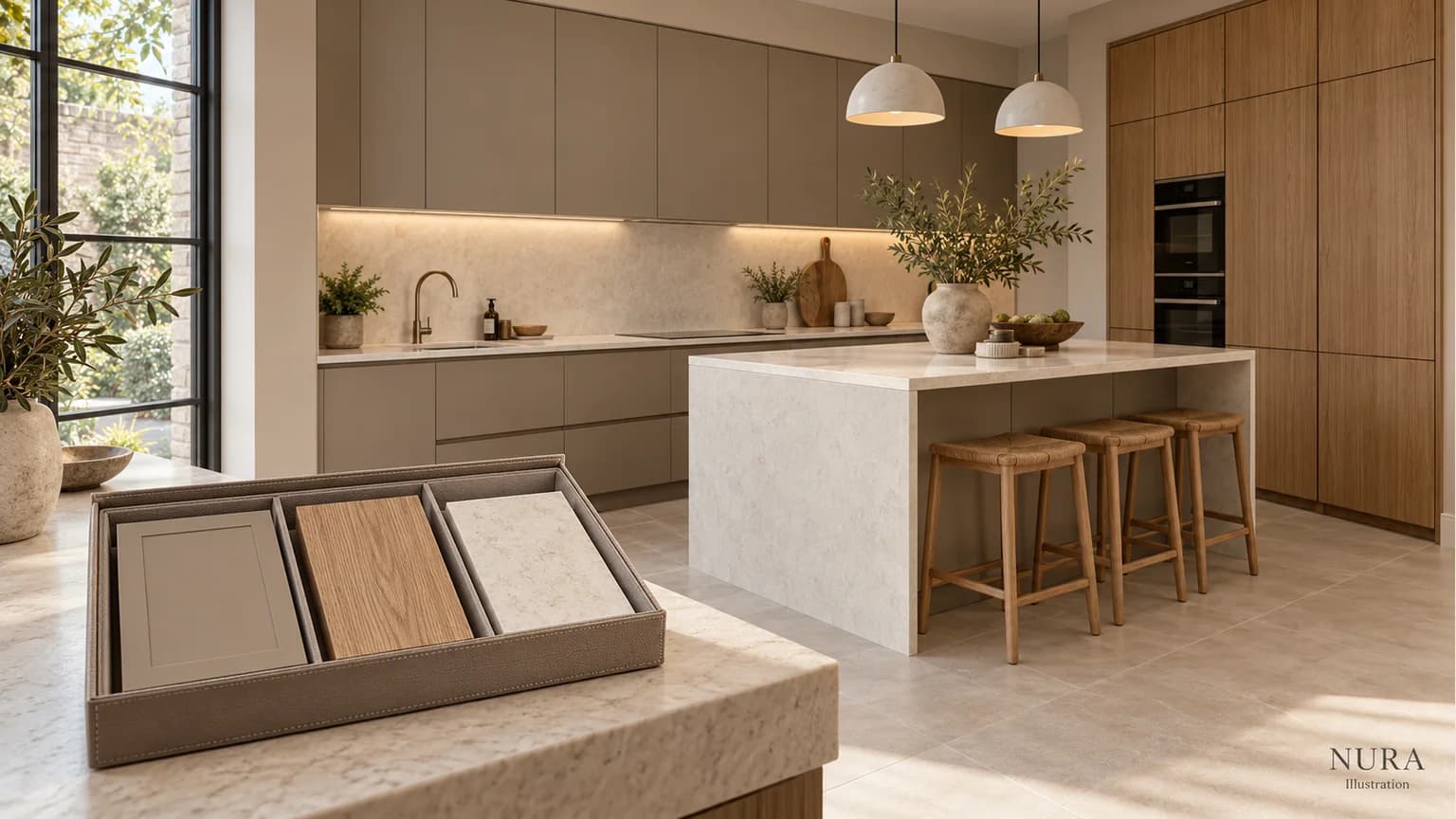 Clay kitchen cabinetry with an island, pale worktop and grouped cabinet and finish samples