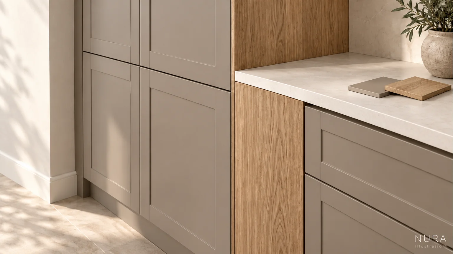 Clay tall cupboards with an oak end panel beside matching cabinet finish samples