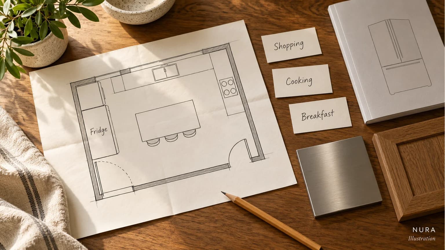 Unscaled kitchen sketch beside Shopping, Cooking and Breakfast cards, an appliance booklet and material samples