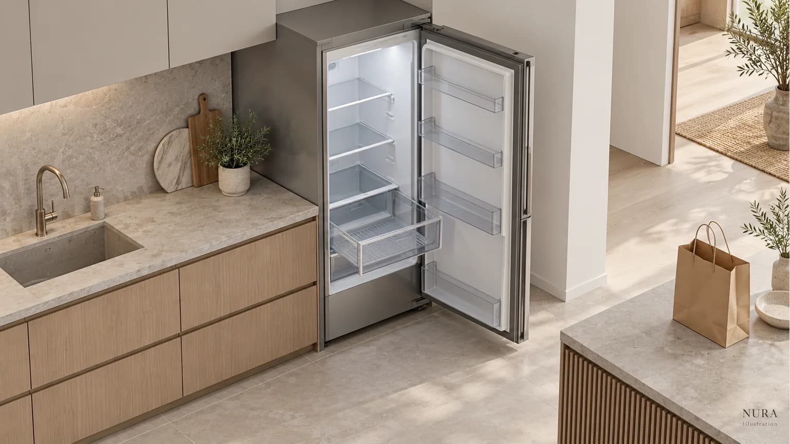 Open stainless fridge with a pulled-out lower drawer beside an oak kitchen counter