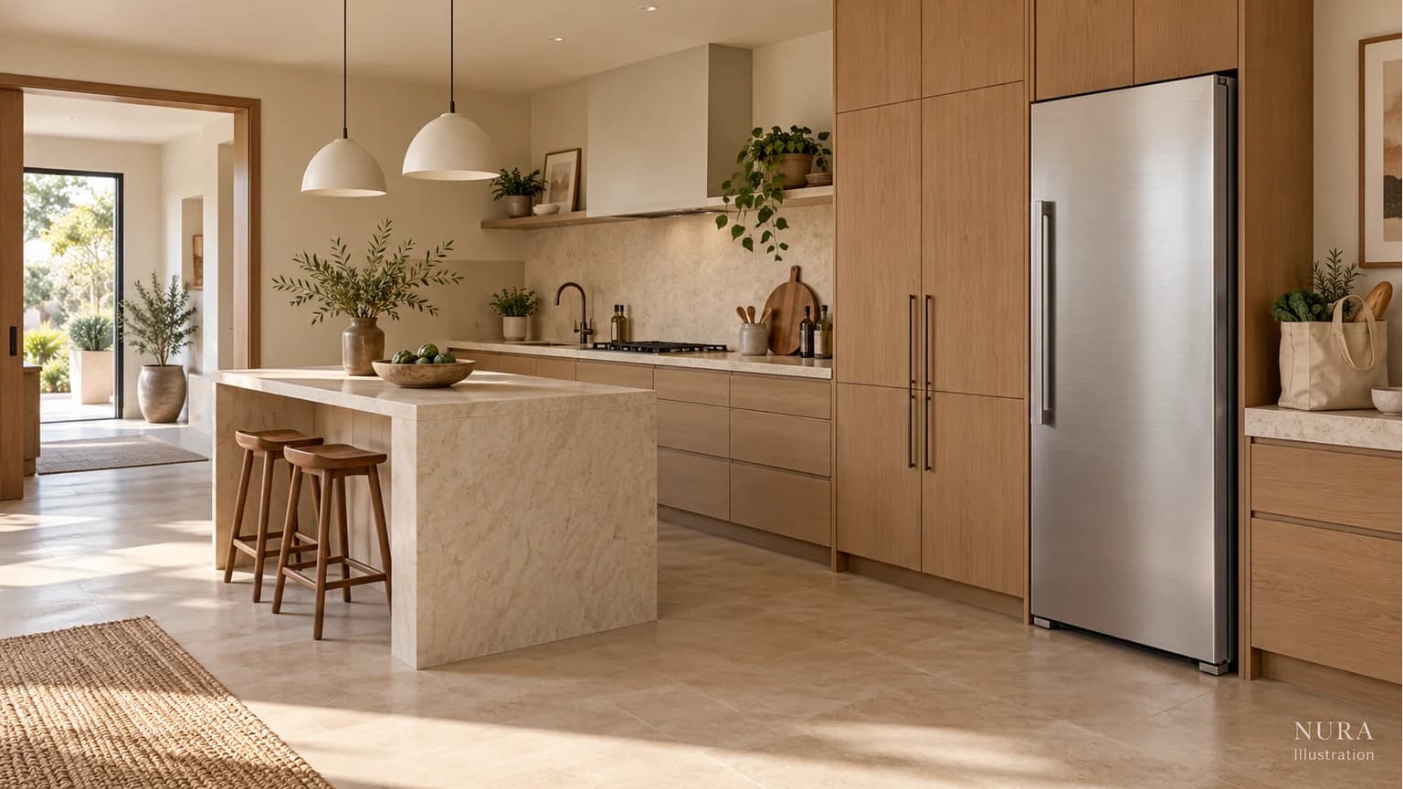 Closed stainless fridge beside oak cabinetry and a counter with a grocery bag in a pale kitchen