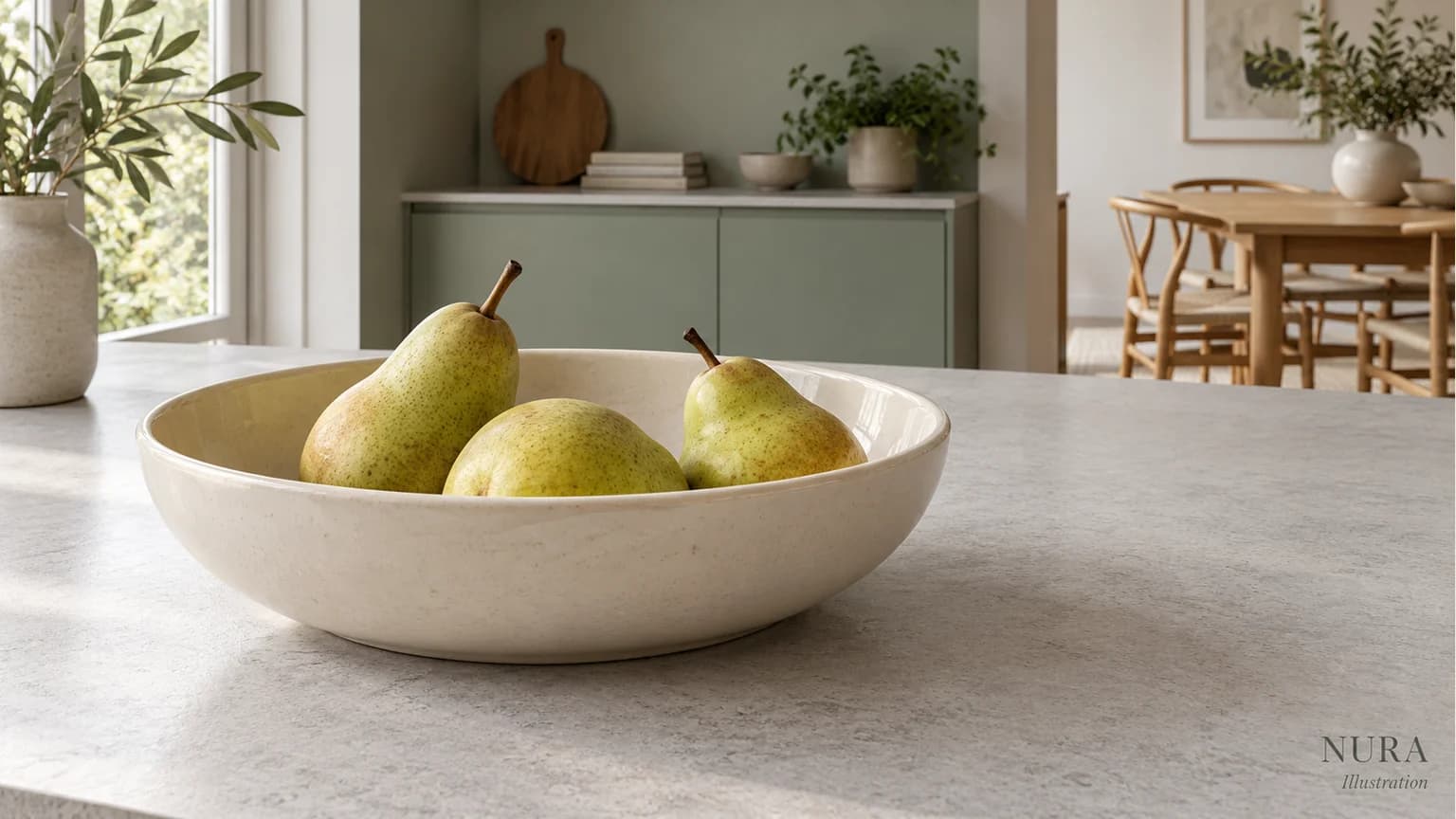 Ivory fruit bowl with three pears on a pale grey worktop beside muted green cabinetry and an oak dining area
