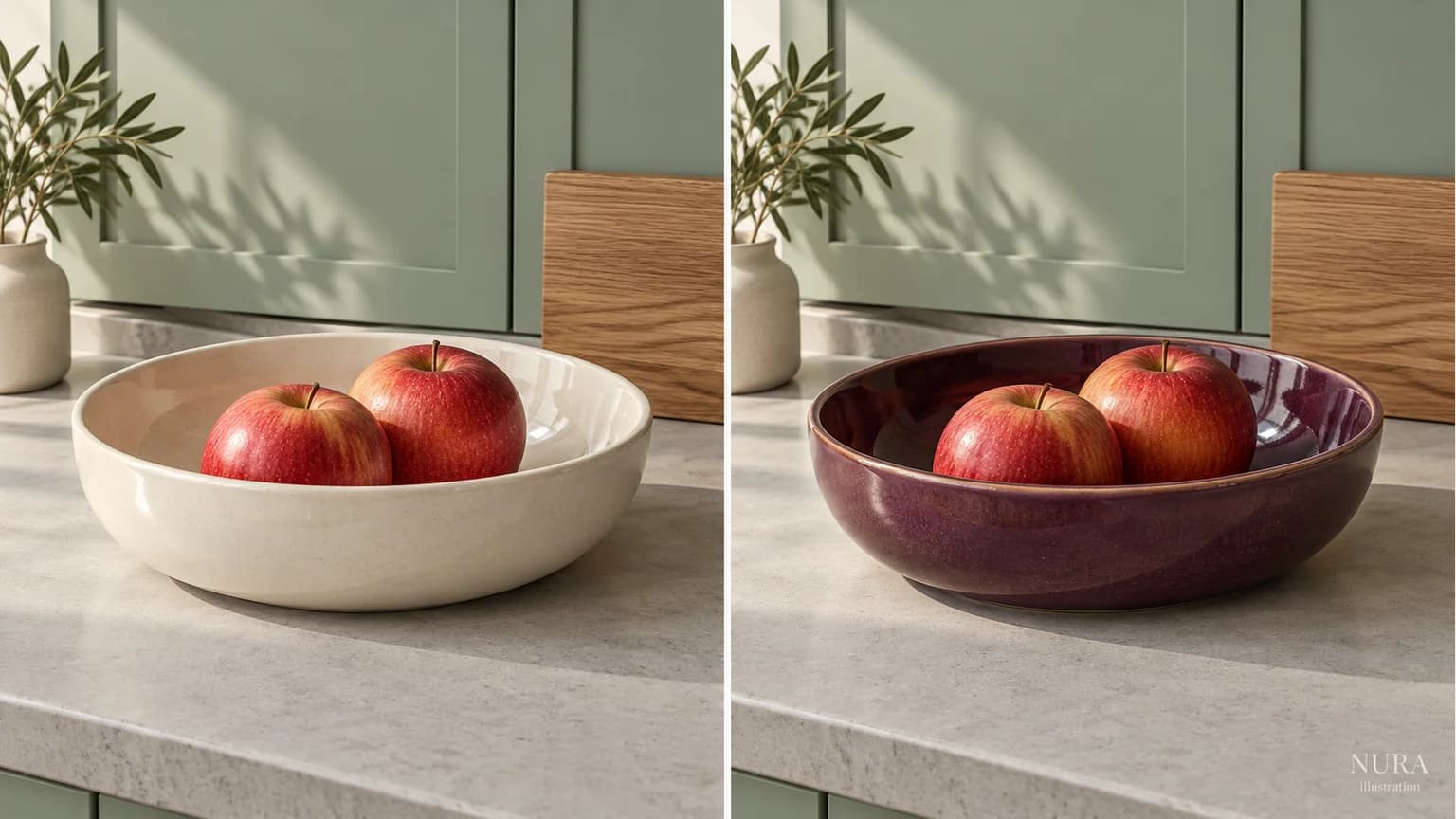Red apples in ivory and plum-coloured bowls against green cabinetry and an oak sample