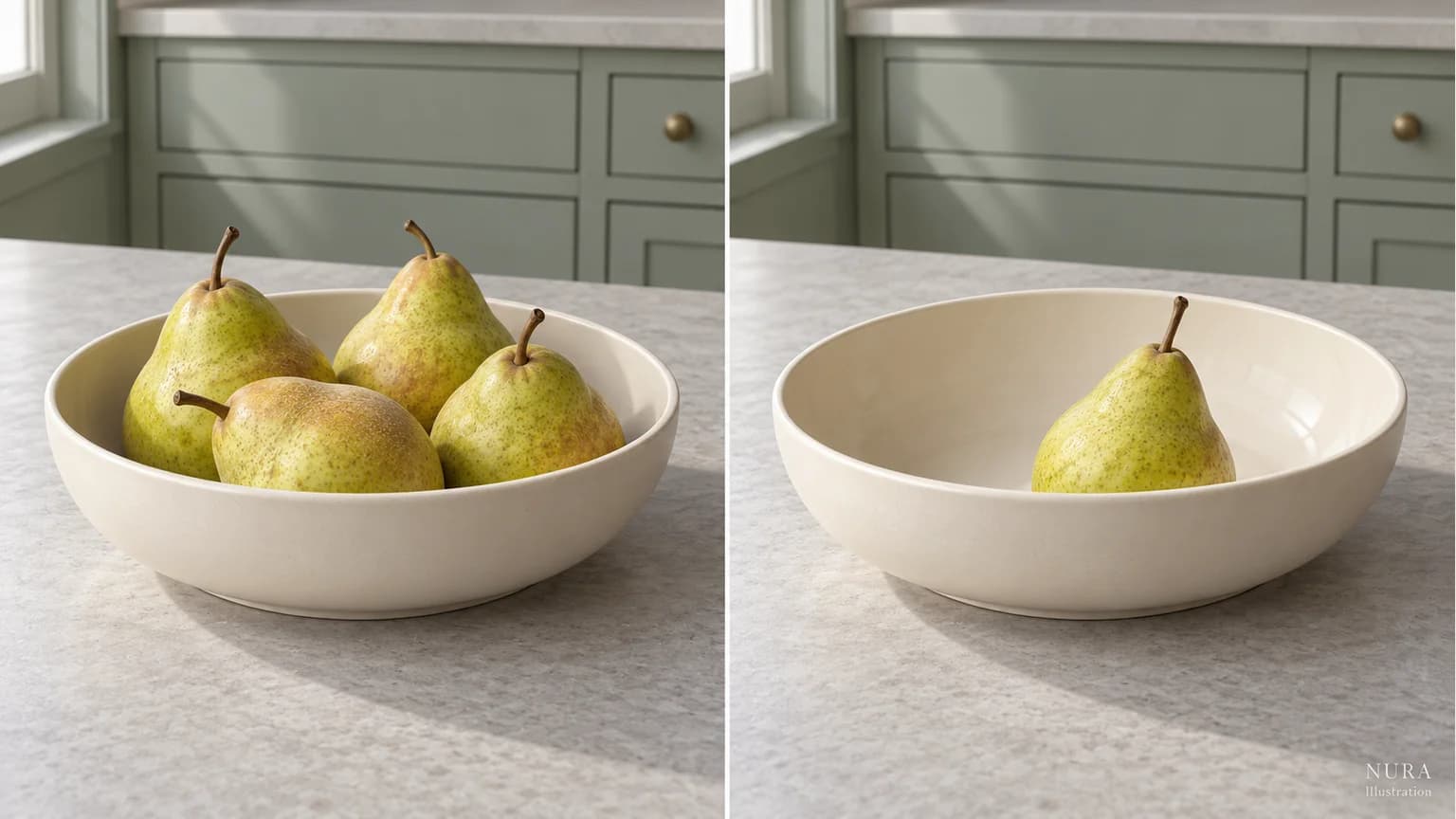 Two views of an ivory bowl with four pears and one remaining pear on a grey worktop