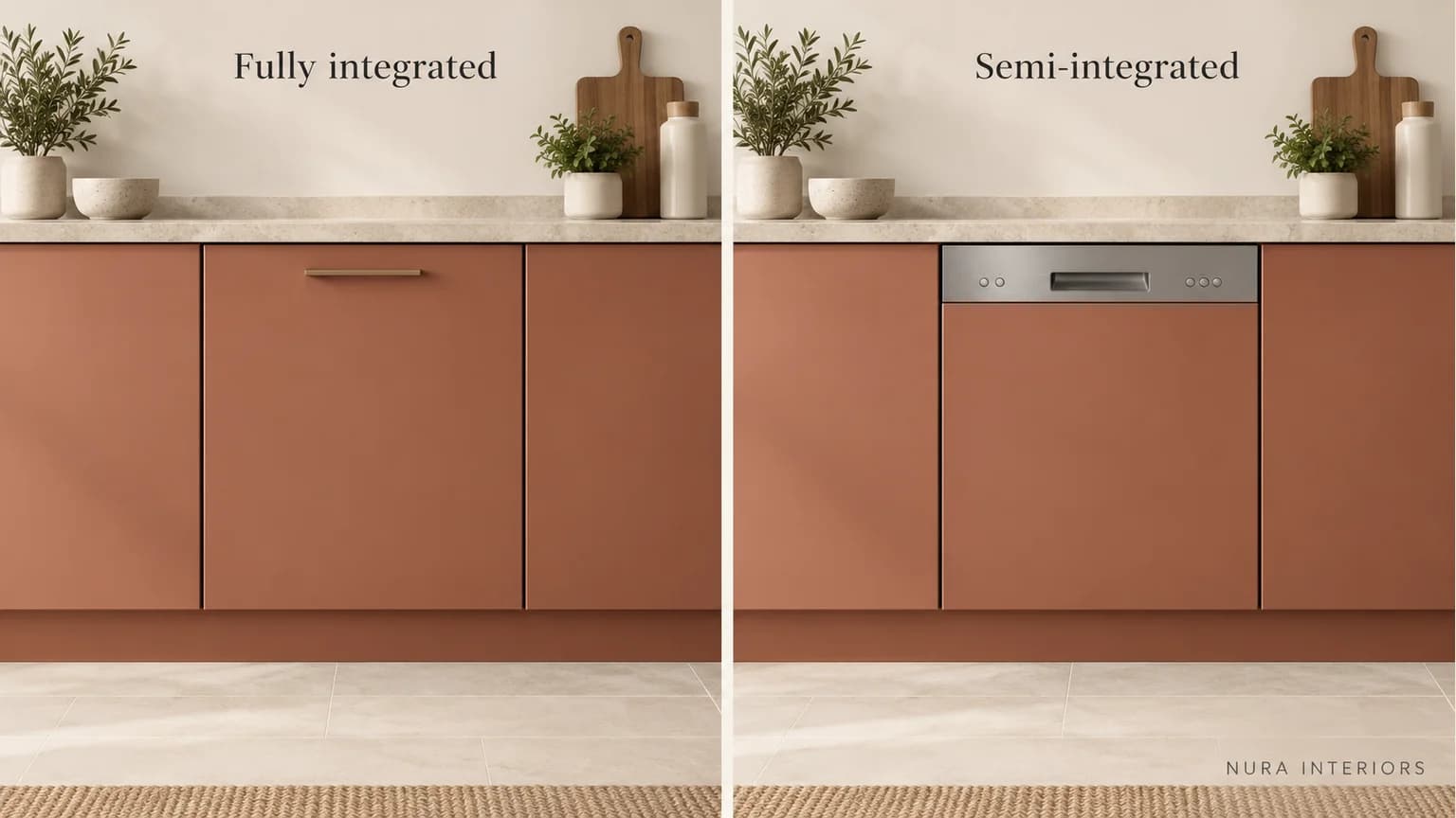 Closed terracotta dishwasher-front concepts, one with a matching full furniture front and one with an exposed steel control strip above a shorter matching front.