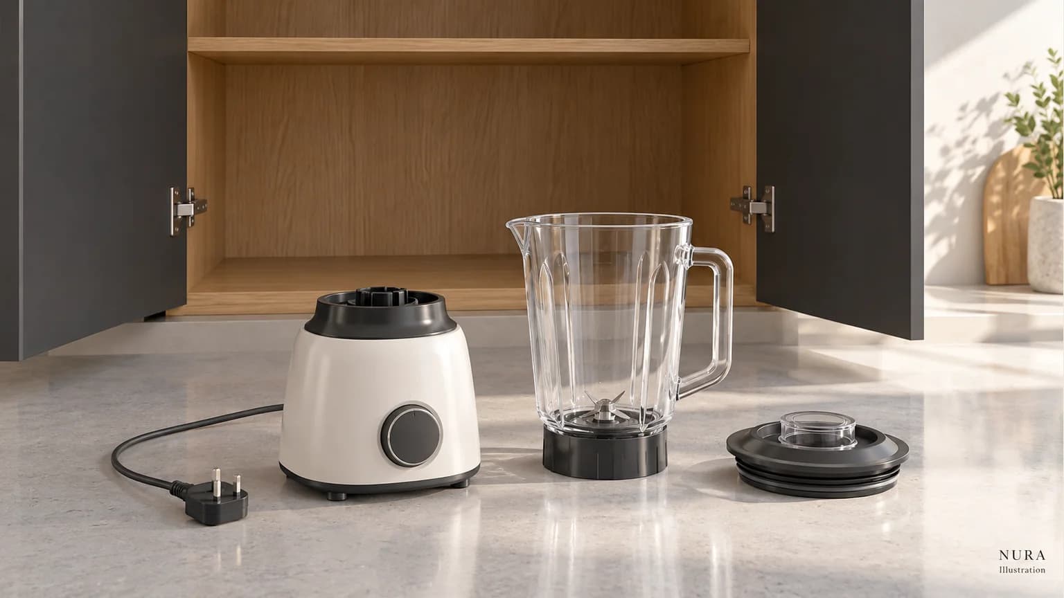 Disconnected blender base, detached jug and lid on a counter outside an open storage cupboard