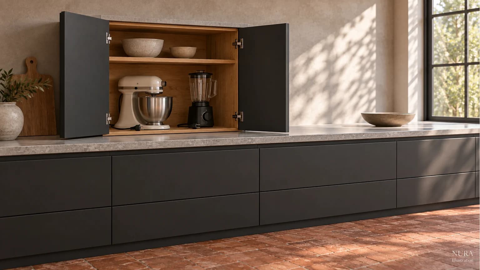 Open charcoal countertop appliance cupboard with oak lining, a stored mixer and blender, and clear counter beside it