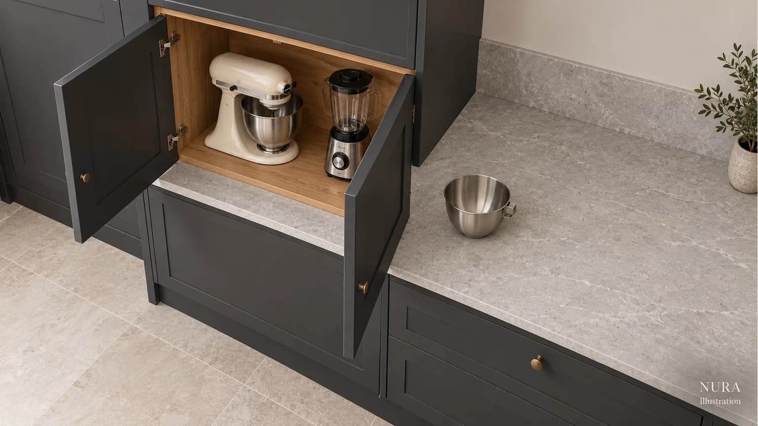 Open hinged appliance cupboard doors beside a separate counter area with a metal bowl