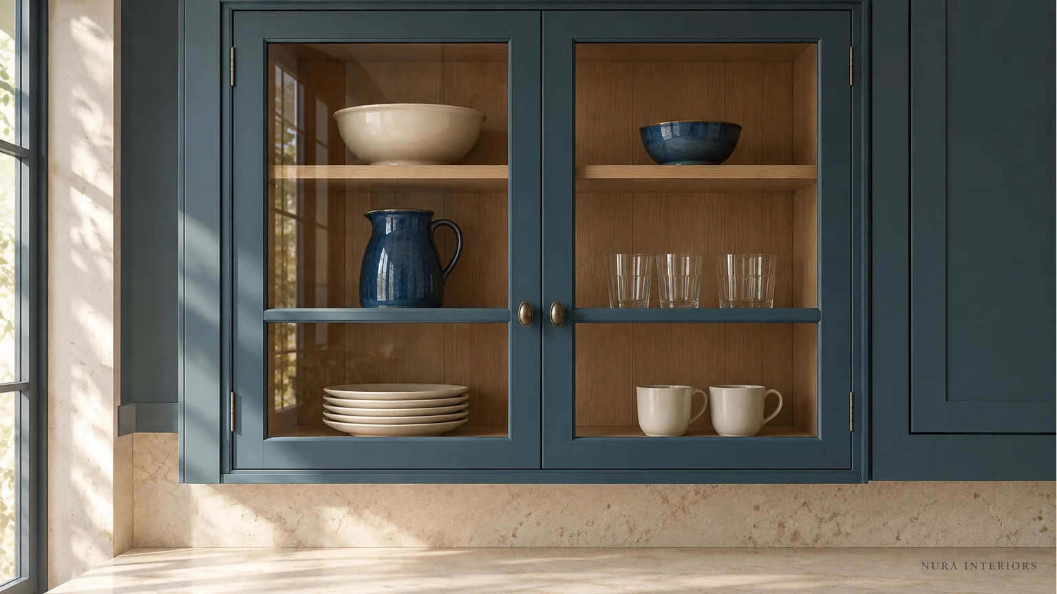 Closed blue glazed cabinet doors framing oak shelves, a blue jug, cream plates and cups, with Nura Interiors credit