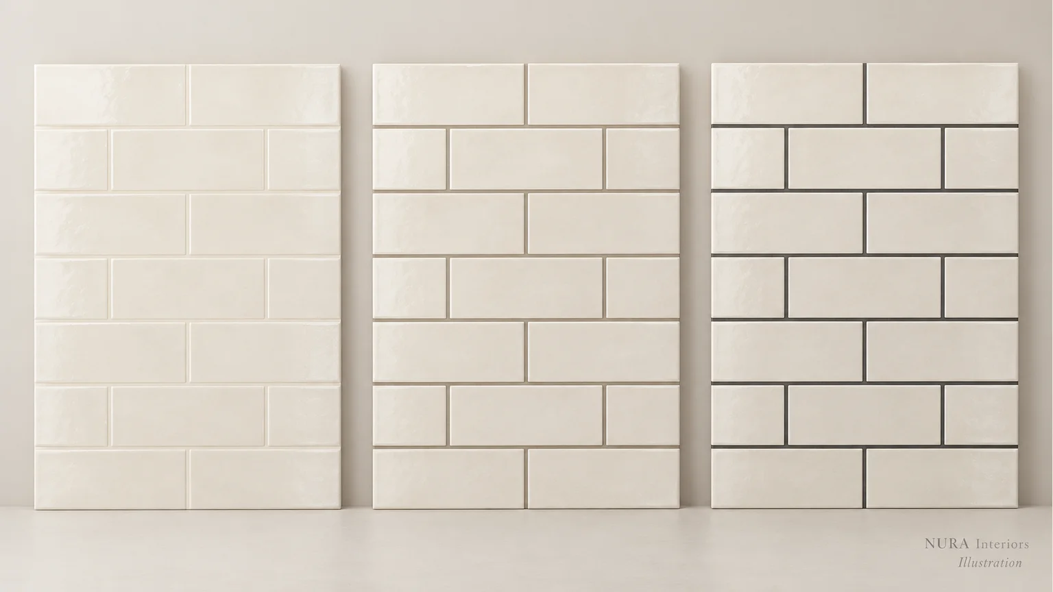 Three illustrative ivory tile panels with pale, warm grey and charcoal joints