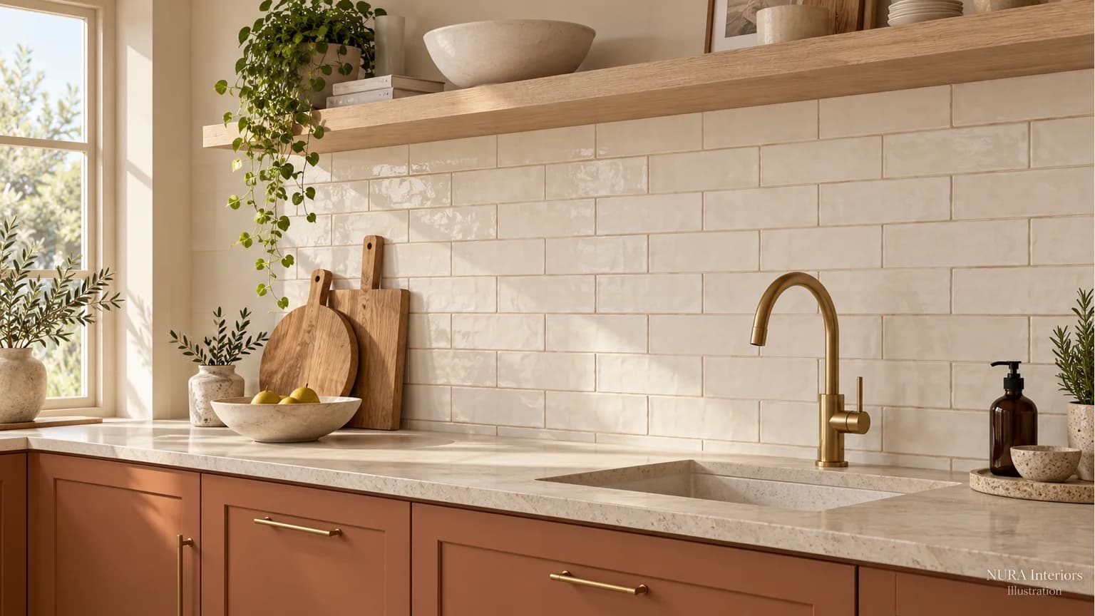 Ivory splashback tiles with subtle warm joints above terracotta cabinetry and a pale worktop