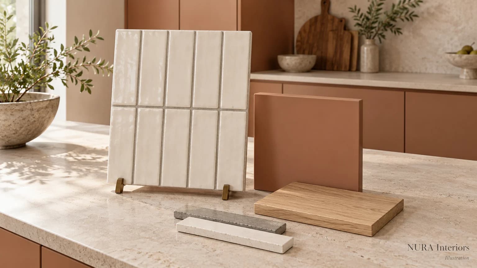 Upright ivory tile sample beside terracotta cabinetry, oak and two grout colour references