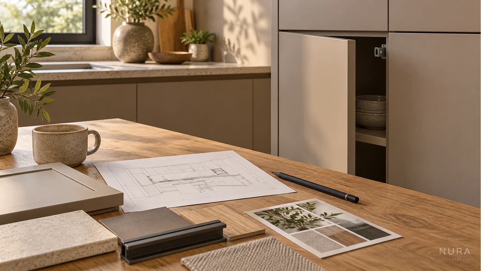 Illustration of a kitchen plan and material samples beside a slightly open handleless cupboard