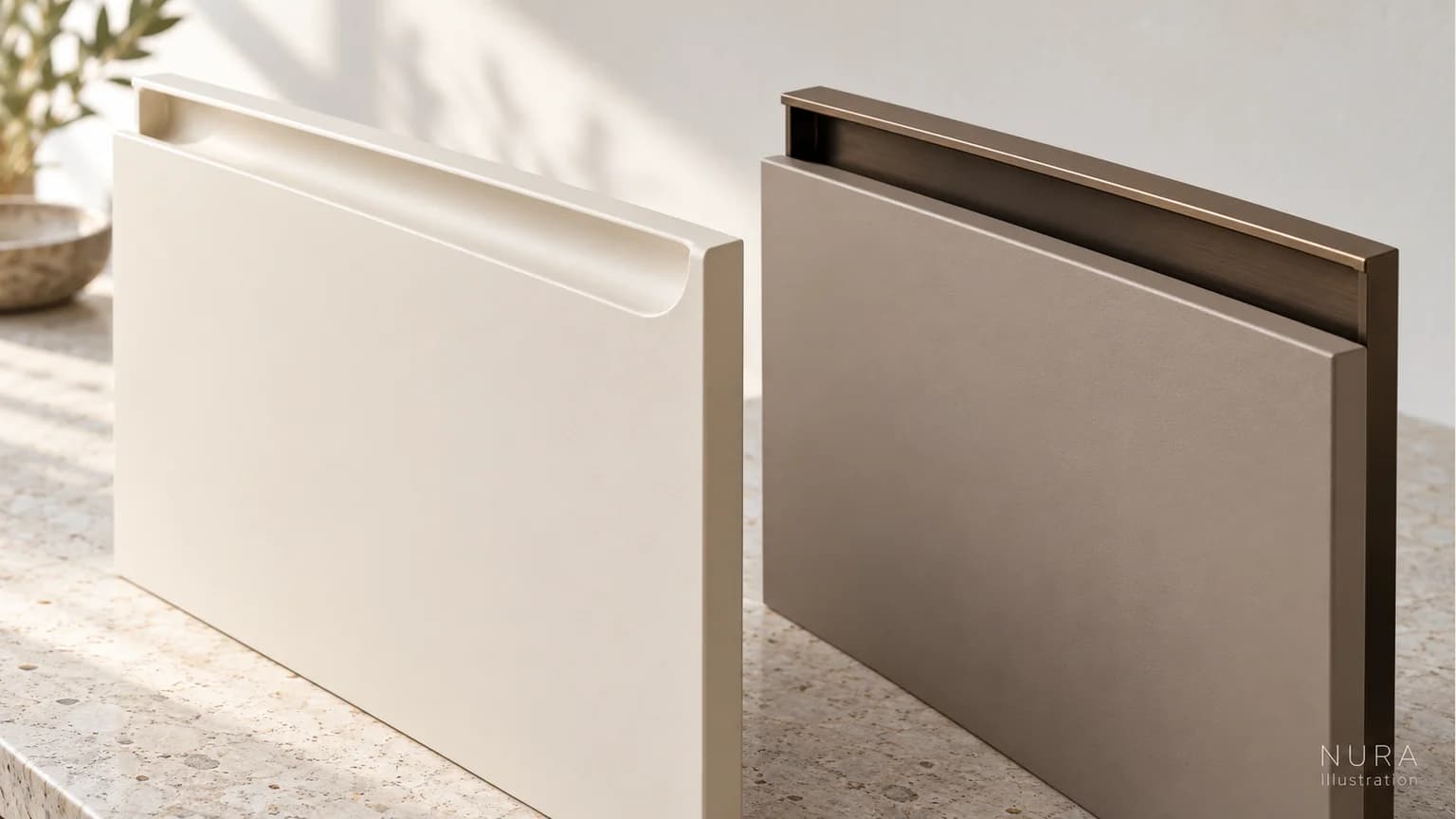 Illustration comparing a shaped grip in a pale cabinet front with a separate bronze rail behind a taupe front