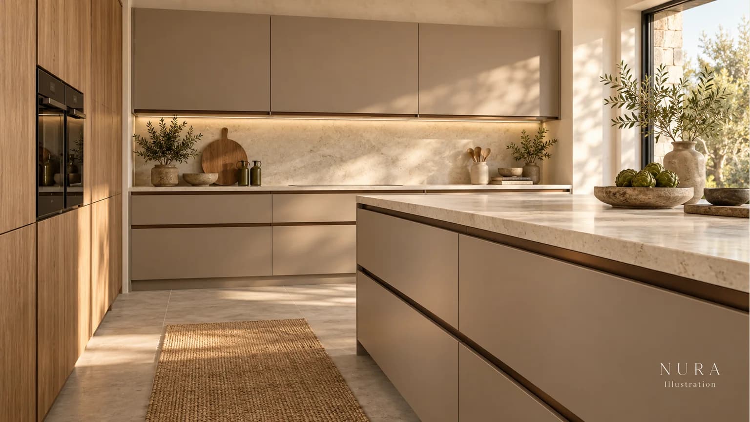 Illustration of mushroom-coloured kitchen drawers with recessed bronze grip rails and oak tall cupboards