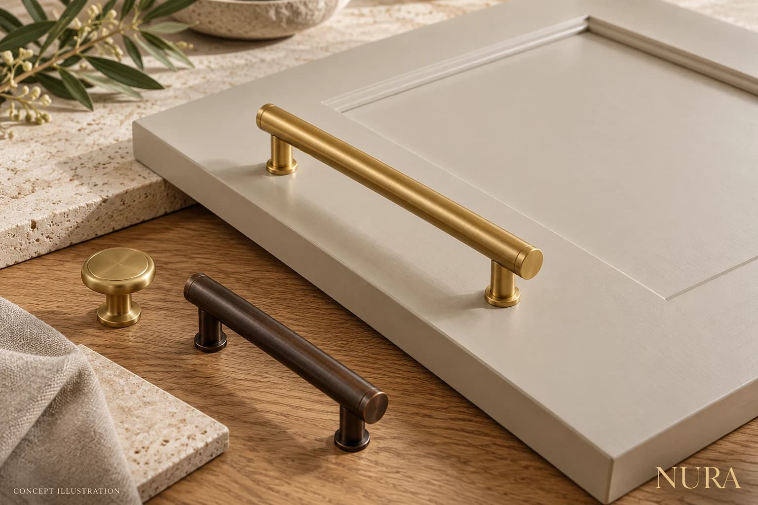 Concept illustration of a brass bar handle on a greige cabinet sample, with a loose knob and bronze pull