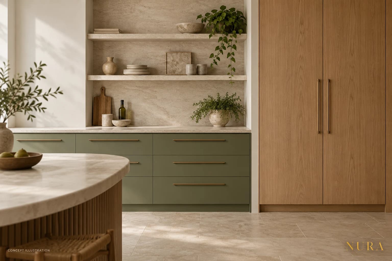 Concept kitchen with olive-green drawers, oak tall cabinetry and slim bronze handles