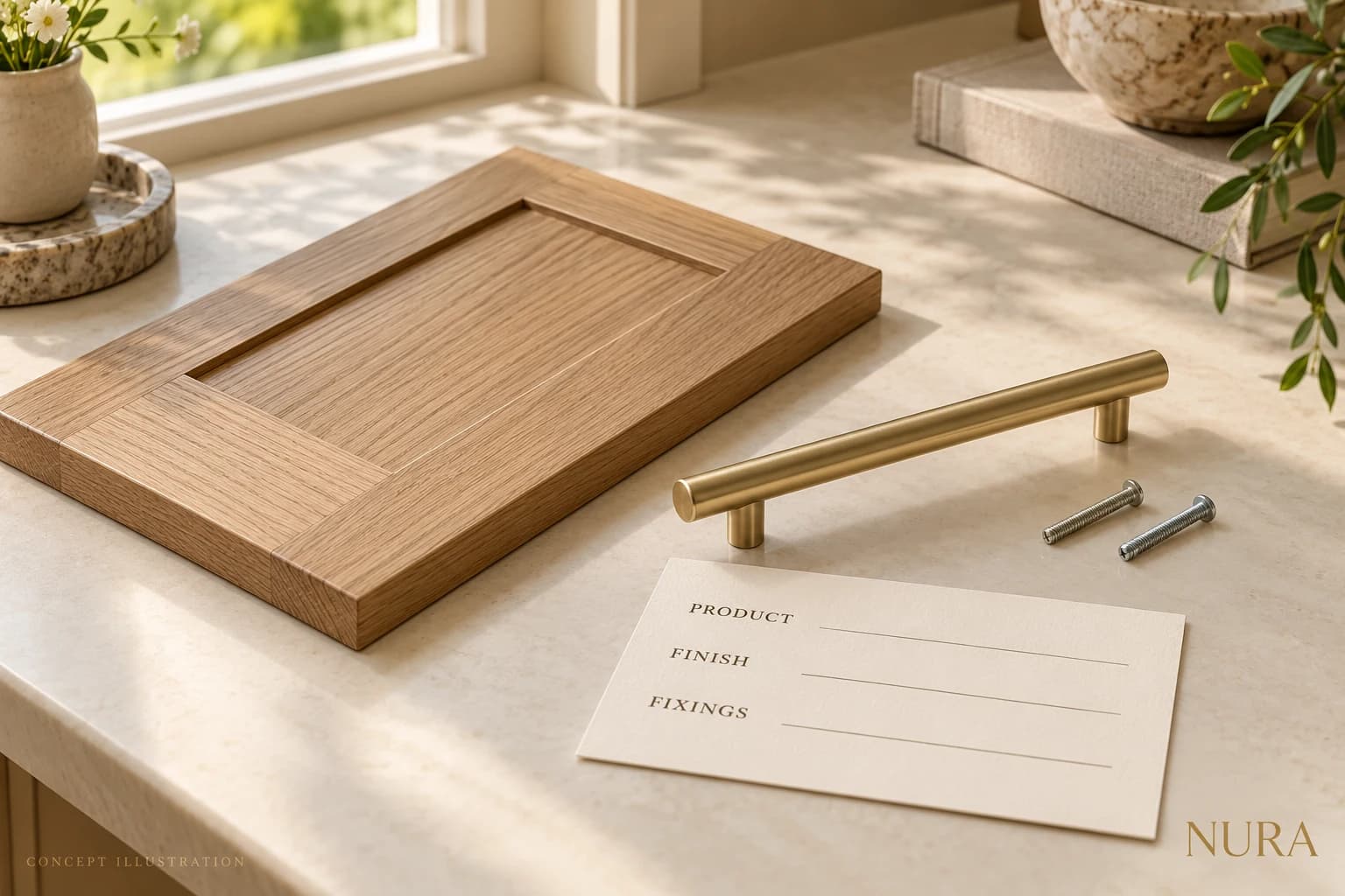 Concept illustration of a loose brass handle, screws and an oak sample door beside a product reference card