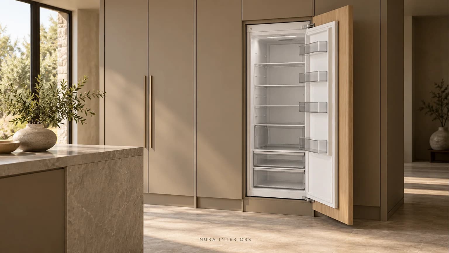 Open white integrated fridge and pale oak furniture front within clay-coloured tall cabinetry