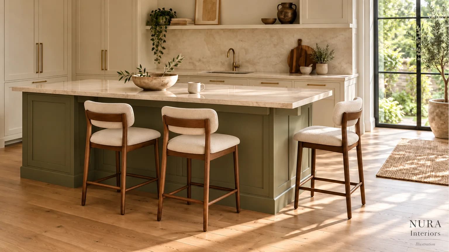 Olive kitchen island with ivory upholstered stools on a long side and short end in a cream and oak room