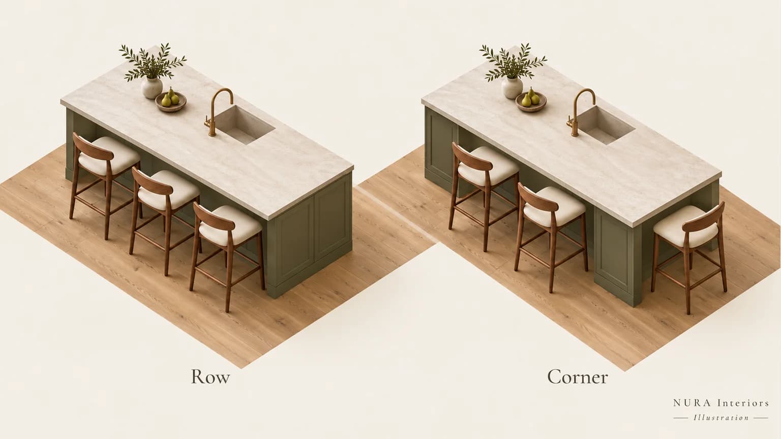 Two illustrative olive kitchen islands comparing three stools in a row with seats on adjacent sides
