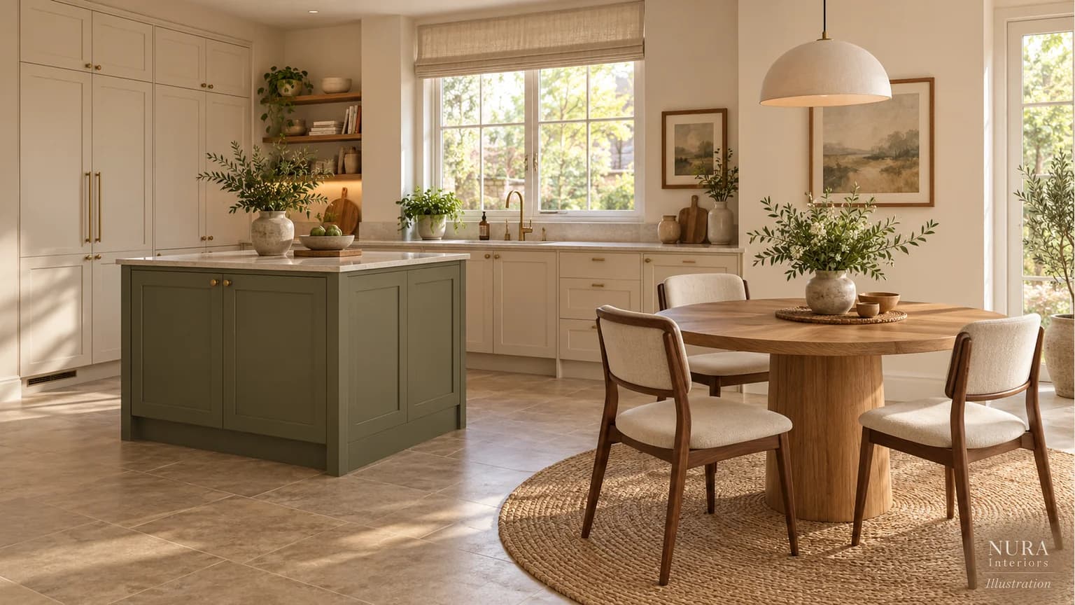Olive storage island without stools beside a separate round oak dining table and ordinary chairs