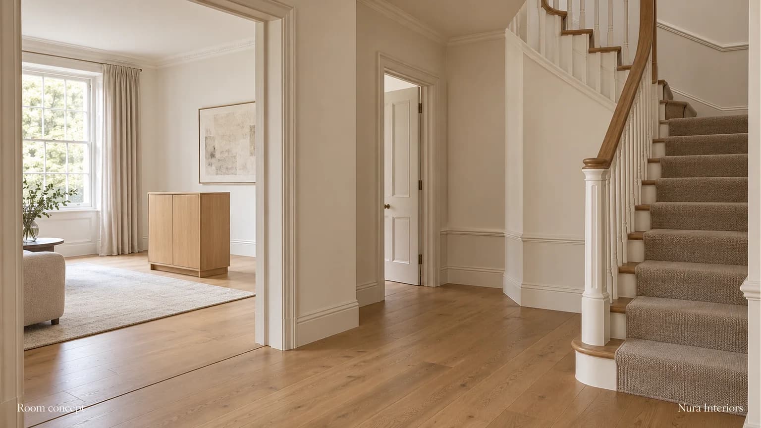 Hallway doorway and stair turn beside a separate cabinet module in an adjoining room