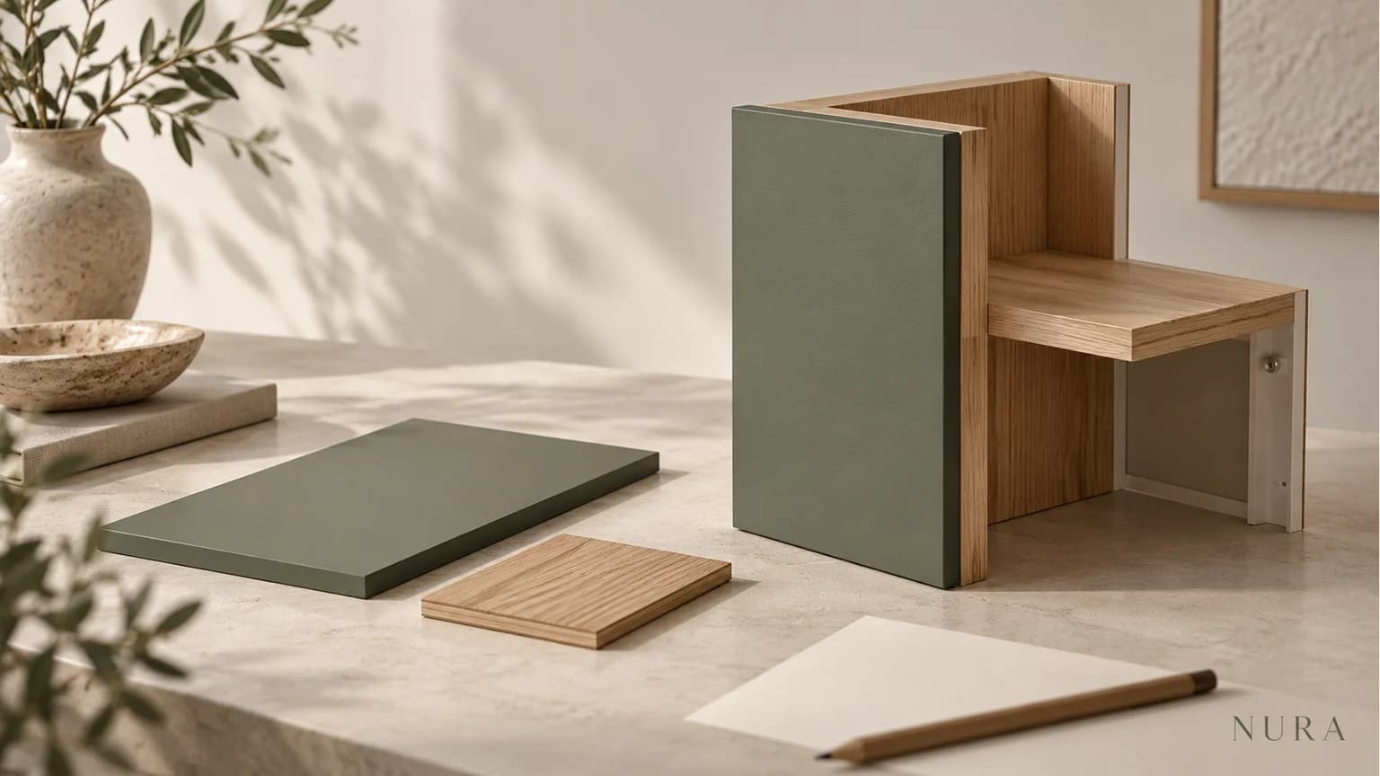 Green finish panel and oak reference beside a partial cabinet corner model
