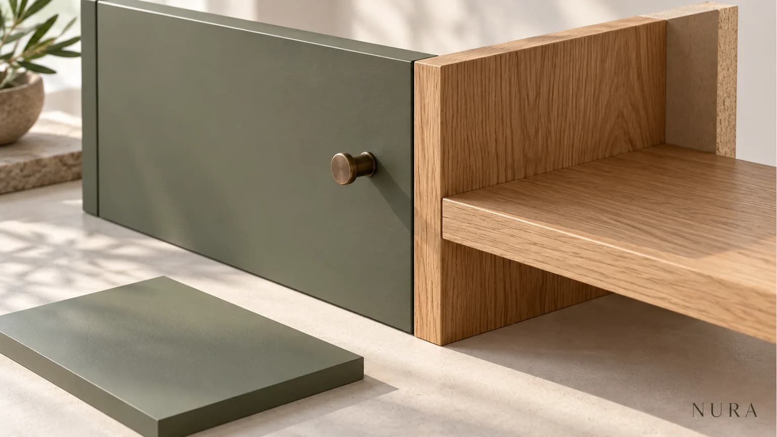 Green cabinet face, oak return and shelf shown together in a partial corner model
