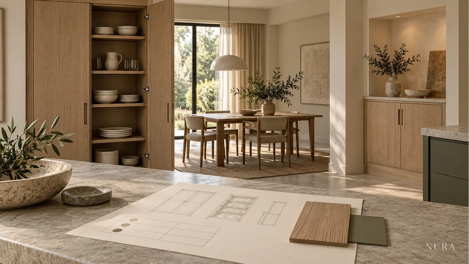 Oak kitchen and dining cupboards with different storage arrangements beside a concept schedule and finish samples