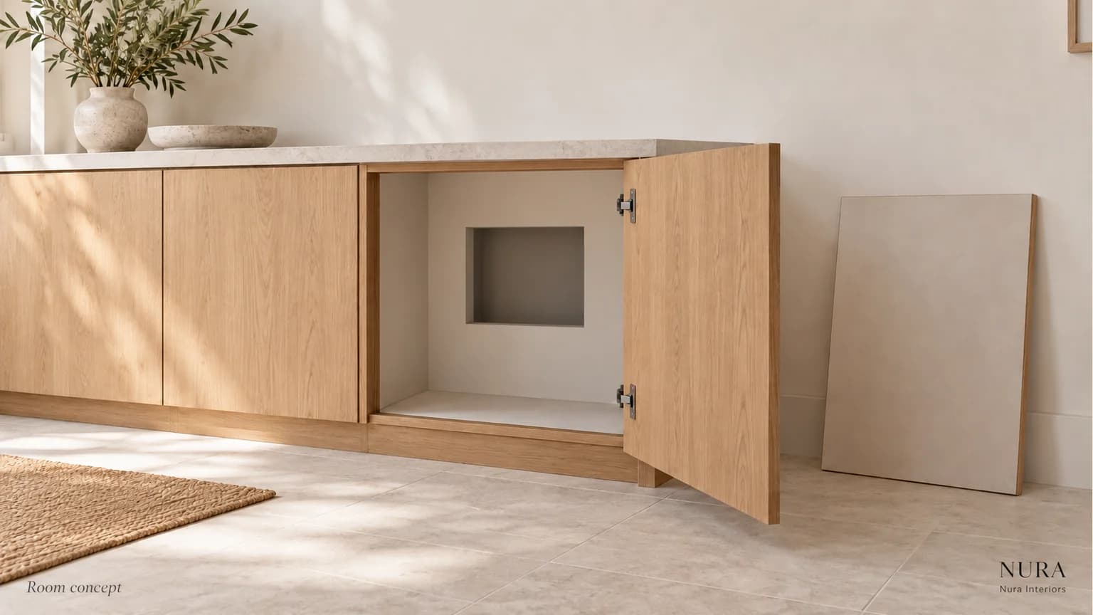 Open oak cabinet door with a smaller backing opening and a separate loose panel beside the cabinet