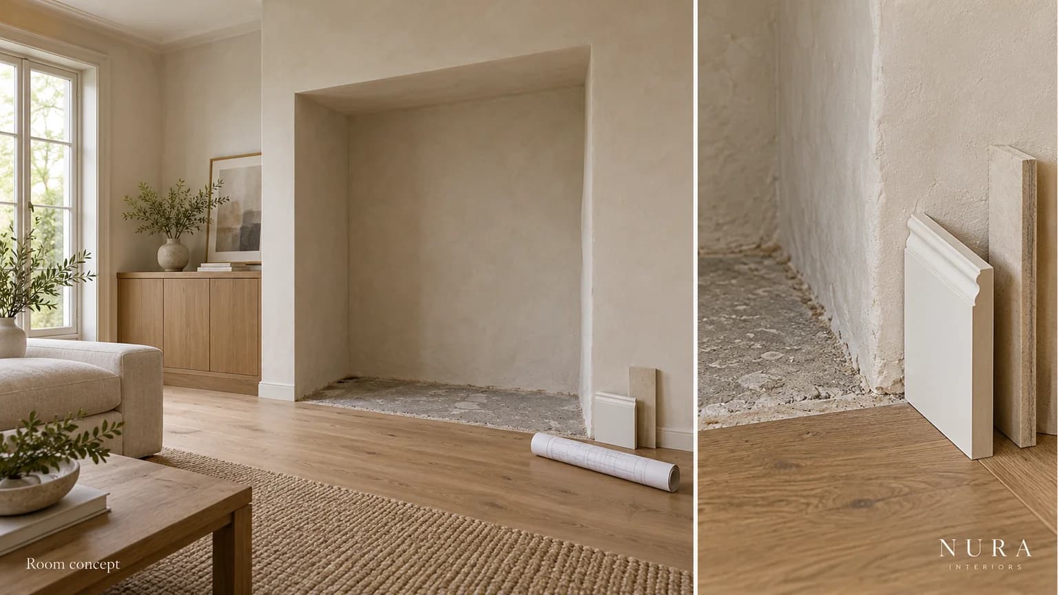 Empty plaster alcove with unfinished flooring and a closer view of loose skirting and finish samples