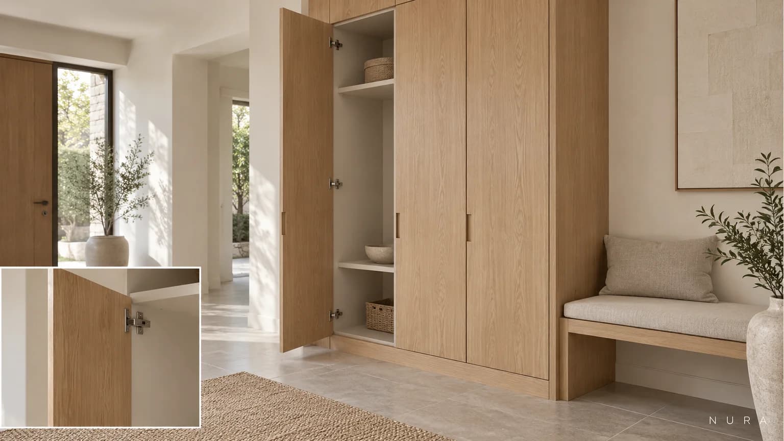 Hall cabinet with oak doors, a pale interior and a closer view of the open door edge