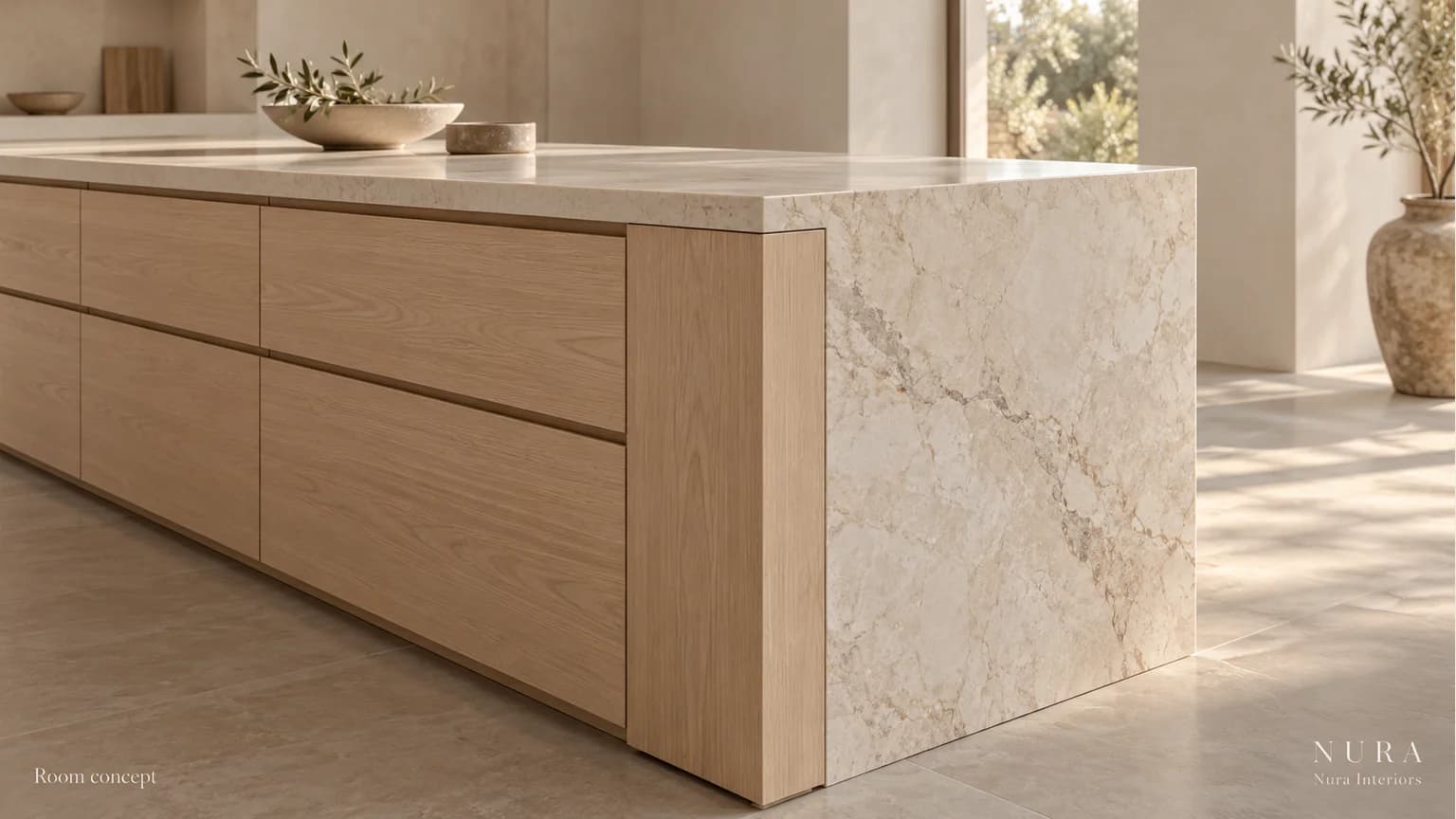 Plain oak drawer fronts and an oak end panel beside a pale stone worktop and vertical end return