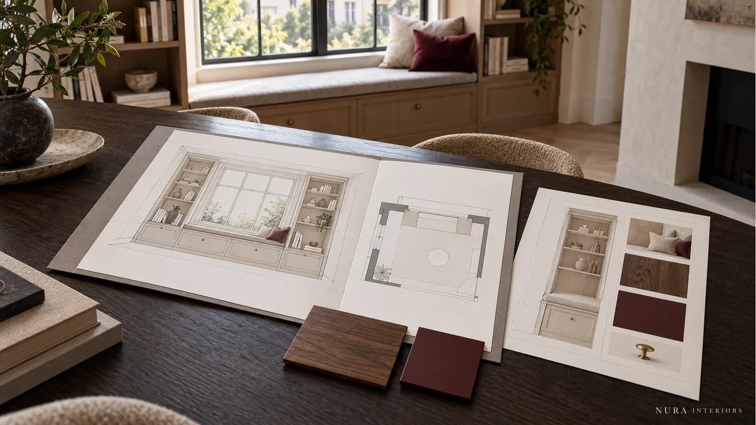 Window-seat bookcase drawings and material references arranged on a dark timber table