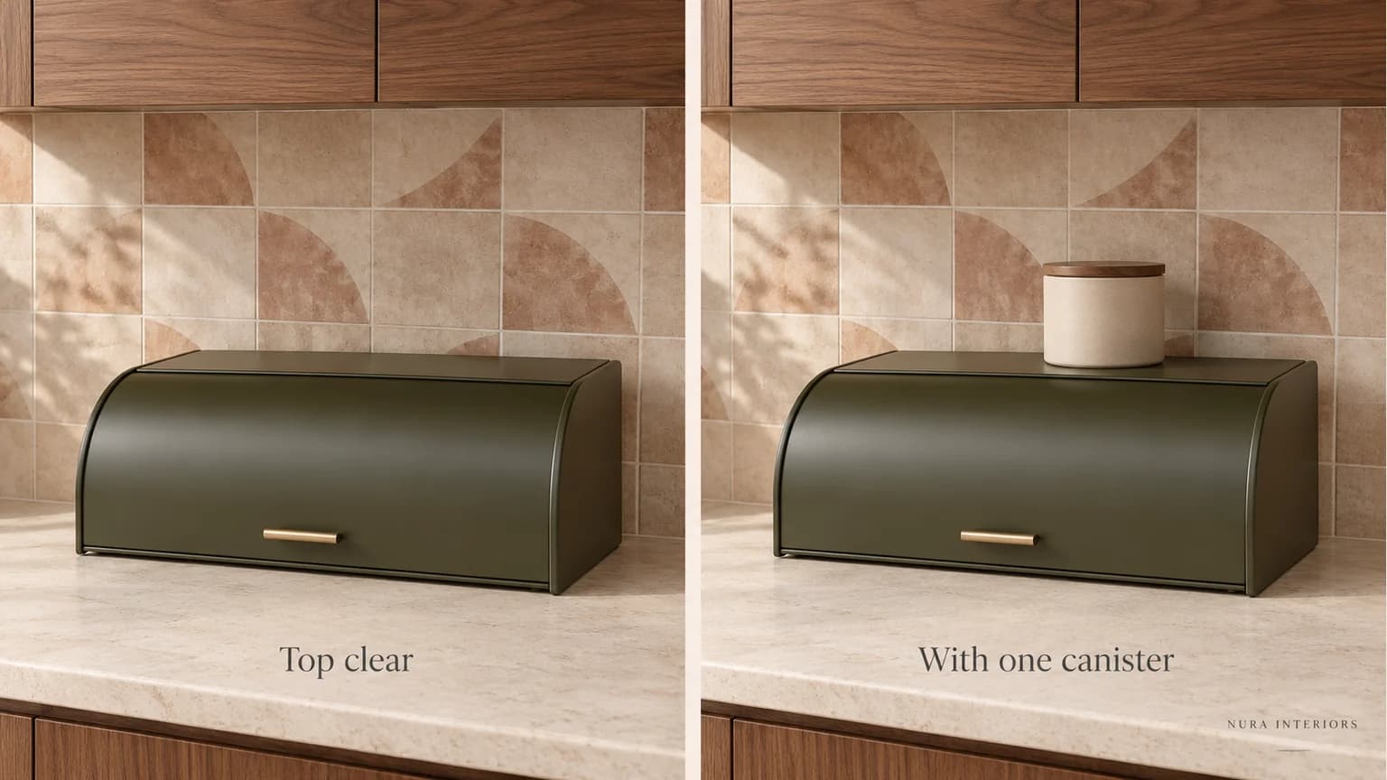 Two olive curved-front bread bins on a kitchen worktop, one with its top clear and one with a cream canister above the rear flat area.