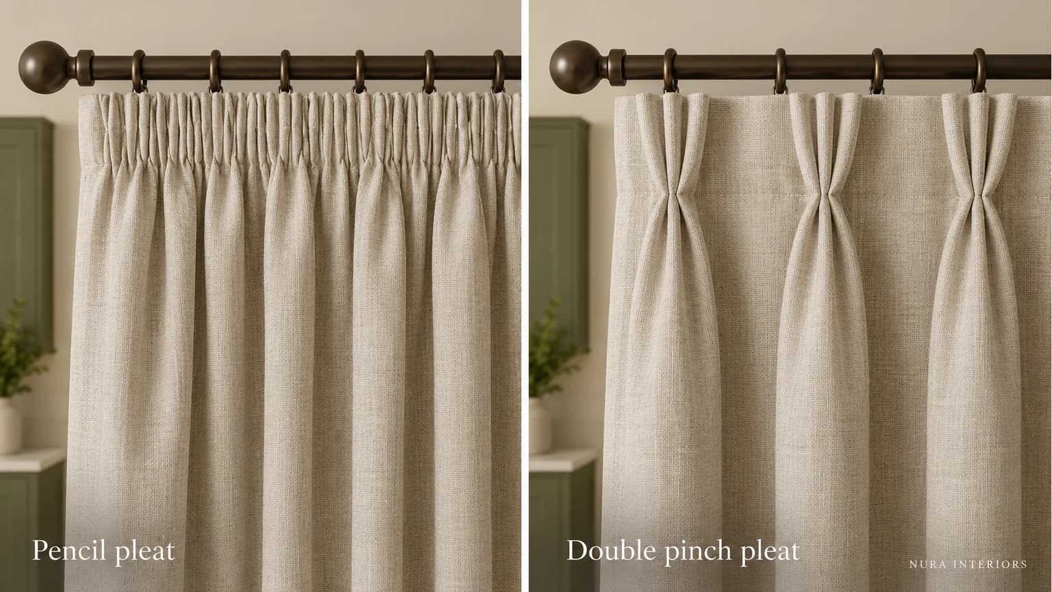 Oatmeal curtains with closely gathered pencil pleats and spaced double pinch pleats beside muted kitchen cabinetry.