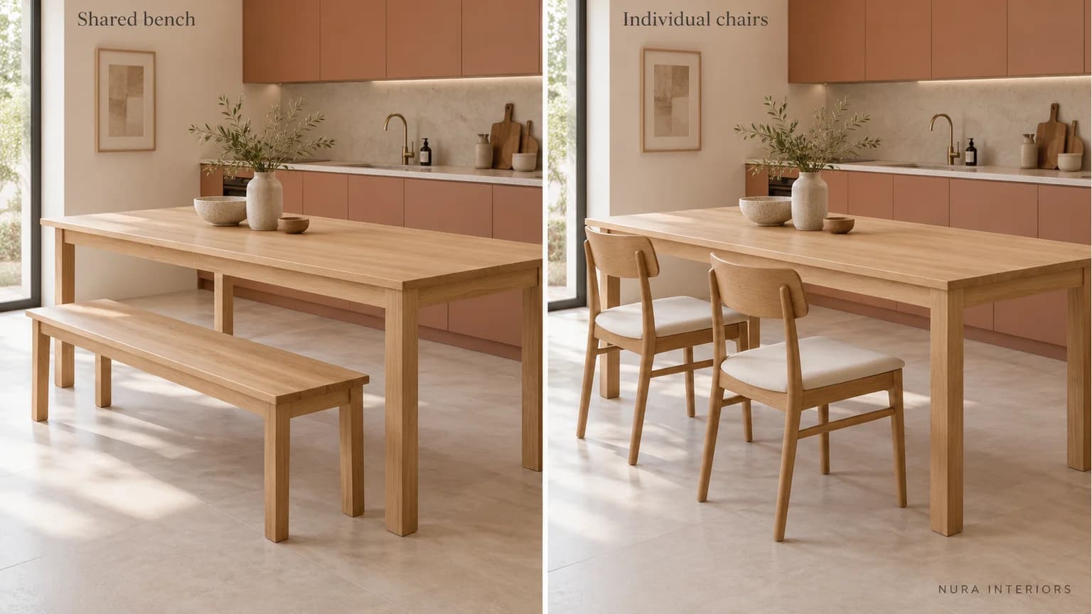 Two kitchen-dining concepts with a rectangular oak table, one with a shared bench and one with two individual chairs along the near side.