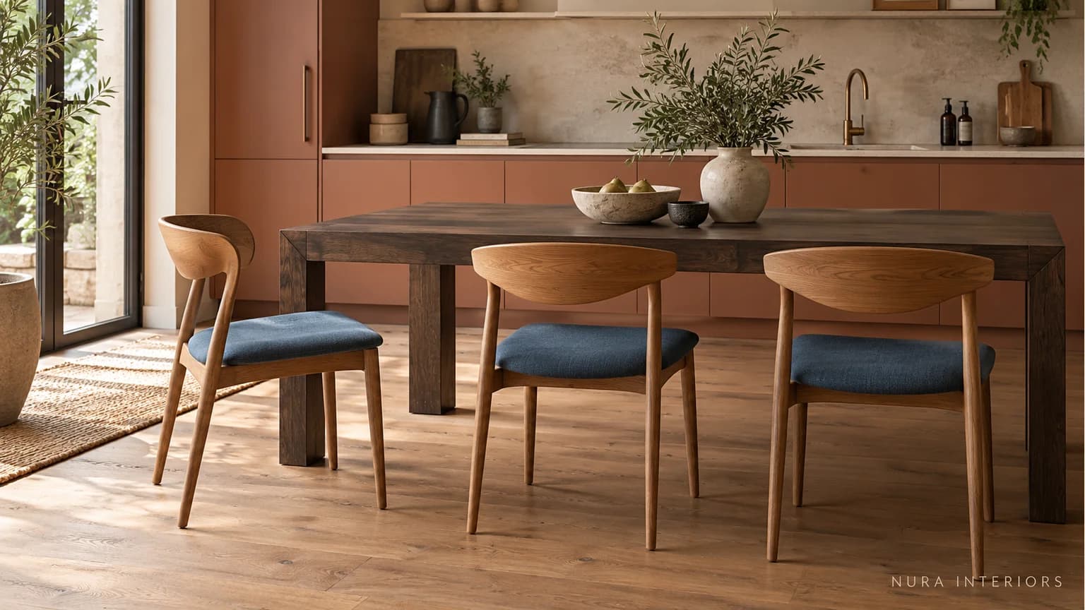 Oak-backed chairs with blue seats beside a dark timber table and terracotta kitchen cabinets